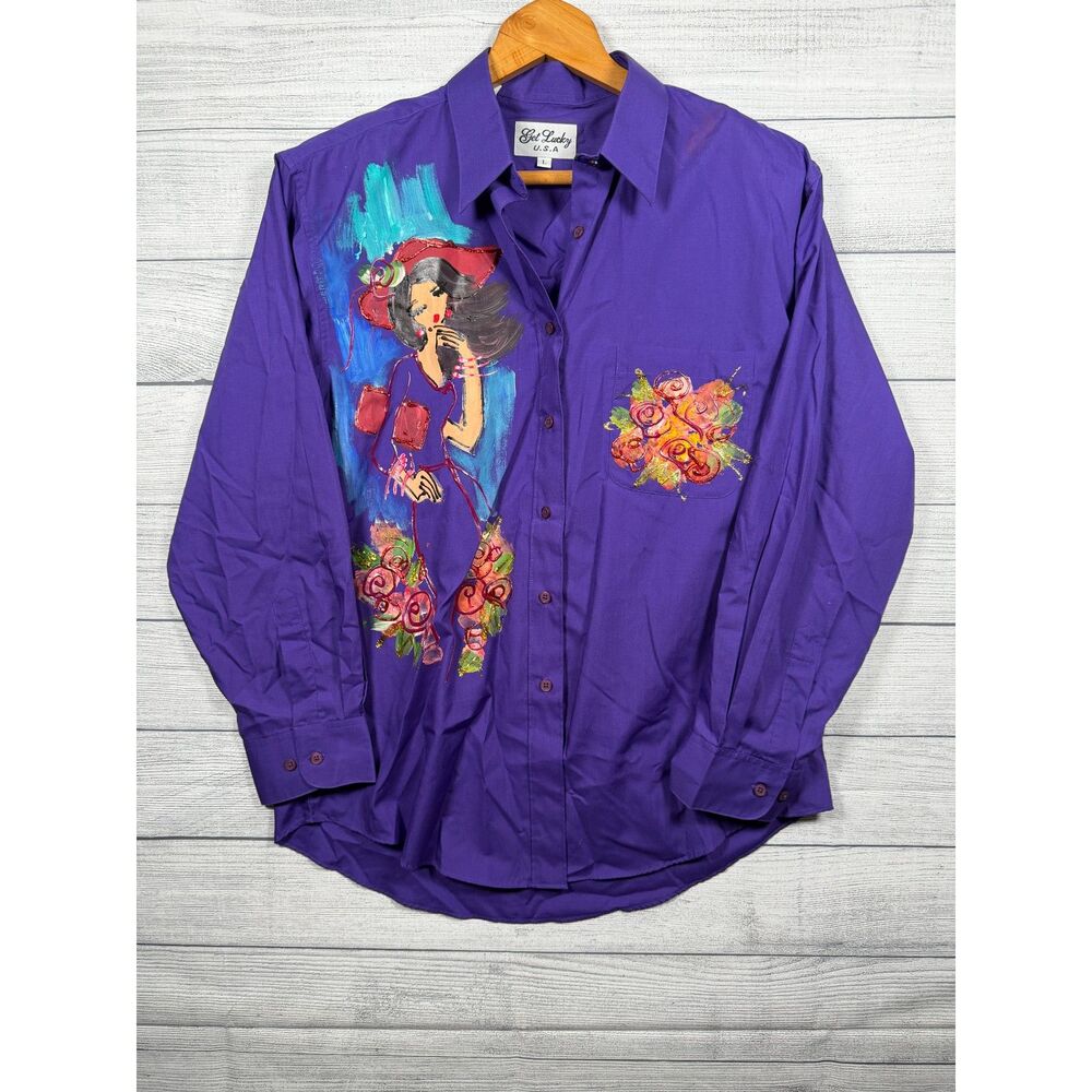 Get Lucky U.S.A. Women's L Purple Painted Lady Floral Button Up Shirt 1256